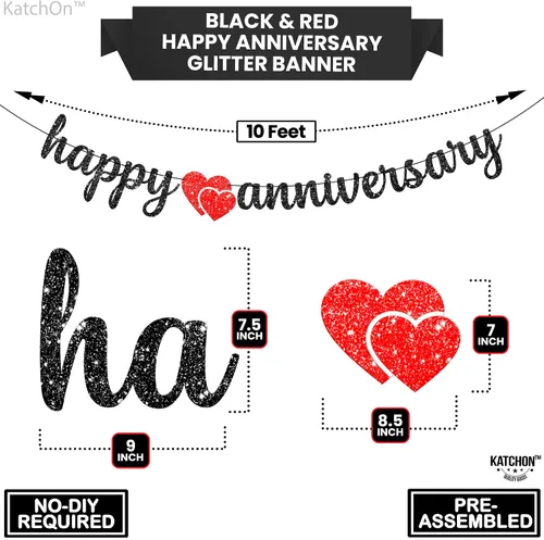 Miniatura 4 de KatchOn, Cartel de feliz aniversario con purpurina negra, 10 pies, sin bricolaje, decoraciones románticas de feliz aniversario, decoraciones
