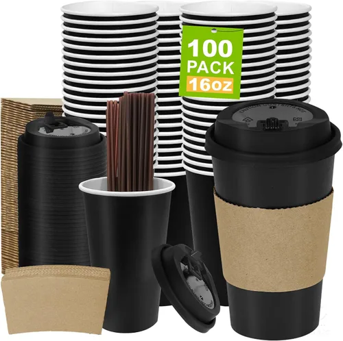 Miniatura 36 de Paquete de 100 tazas de café desechables de pared ondulada corrugada de 16 onzas con tapas y pajitas, tazas aisladas resistentes para bebidas