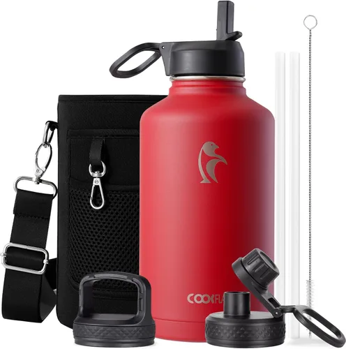 Miniatura 84 de Coolflask Botella de agua de 20 onzas aislada con pajilla, 3 tapas de metal de acero inoxidable, botella de agua de boca ancha para deportes u