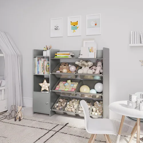 Miniatura 8 de Sturdis Organizador de almacenamiento de juguetes con estantería, estantería de organización de sala de juegos para niños con contenedores de Gris