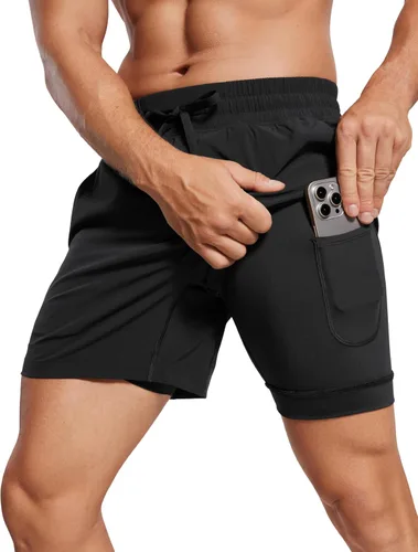 CRZ YOGA Pantalones cortos de correr 2 en 1 para hombre de 5 pulgadas, forrados, de secado rápido, para entrenamiento, deportes, atletismo, con