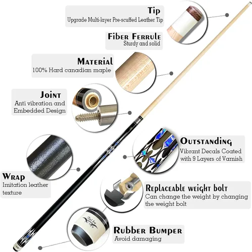 Miniatura 3 de Tai ba cues Taco de billar profesional de 2 piezas + estuche rígido, punta de 0.512 in, 58 pulgadas, palo de billar profesional de madera dura