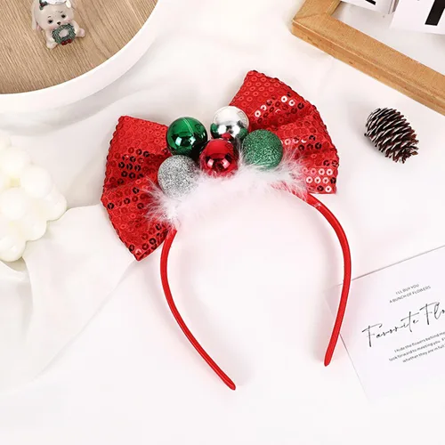 Miniatura 3 de Ecuupas Diadema de Navidad con lazo para el pelo, color rojo, brillante, verde, campana, diseño de tocado para mujeres, niñas, niños, invierno