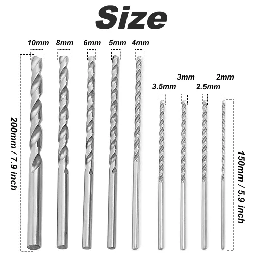 Miniatura 2 de Juego de 8 brocas helicoidales de 7.874 in extra largas HSS Twist Bits redondos rectos, herramientas de trabajo de madera para madera, plástico