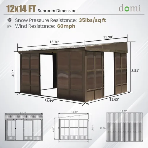 Miniatura 90 de Domi - Solárium de pared montado de 10 x 14 pies, solárium de pared con techo inclinado de policarbonato de aluminio, casa de pantalla de PC