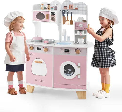 HONEY JOY Juego de cocina, juego de cocina grande de madera para niños pequeños y cafetera, microondas, lavadora, fregadero, utensilios de cocina,