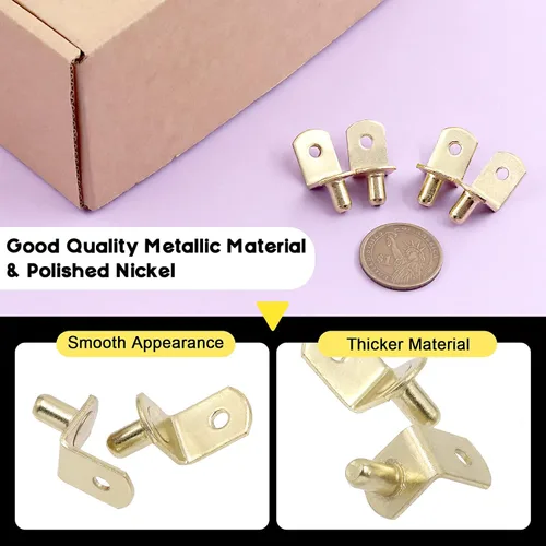 Miniatura 3 de Swpeet 60 pines para estante en L, clavijas de soporte doradas de 0.236 pulgadas con agujero, soporte de acero chapado en acero, clips de gabinete