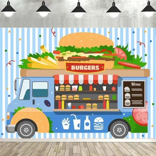 Miniatura 4 de Fondo de hamburguesa para camión de comida rápida, postre de tienda, hamburguesas, papas fritas, bebidas, fotografía, telón de fondo para niños