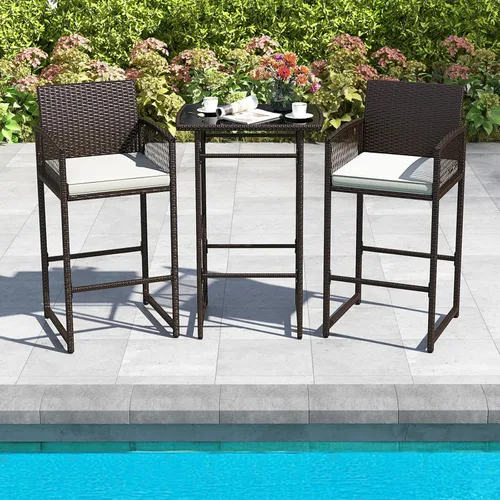 Miniatura 3 de Tangkula Juego de barra de patio de 3 piezas, mesa de metal de altura de barra de mimbre para exteriores de servicio pesado y sillones con cojines