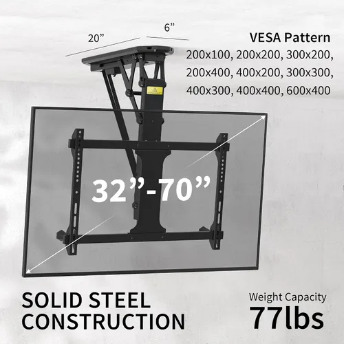 Miniatura 2 de VIVO Soporte eléctrico para TV de techo para pantallas de 32 a 70 pulgadas, soporte VESA de techo inclinado motorizado abatible grande, paquete Negro