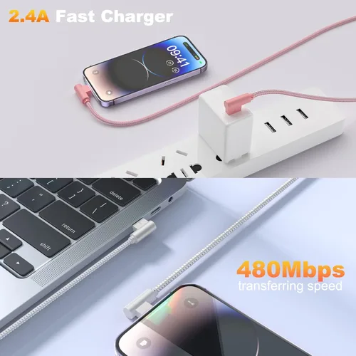 Miniatura 3 de Cargador para iPhone, 3 unidades de 10 pies, cables USB A a Lightning de 90 grados, certificado MFi, cable de carga rápida trenzado de nailon