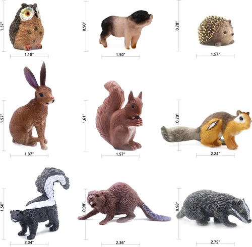 Miniatura 5 de SIENON 18 piezas de figuras de animales del bosque, miniaturas de animales del bosque para bebés con búho, erizo, zorro, ardilla, oso, mono, ciervo