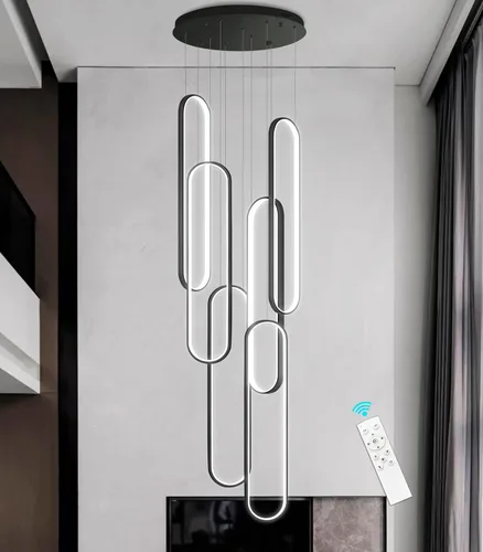 Miniatura 8 de Candelabros LED modernos para entrada de vestíbulo, techo alto, lámparas de escalera largas, regulables, montaje empotrado, alto recibidor, Negro