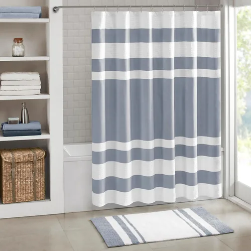 Miniatura 41 de Madison Park Cortina de ducha de tejido waffle con diseño a rayas en piezas, cortina de ducha de tela para baño con gestión de humedad 3M Rayas Taupe