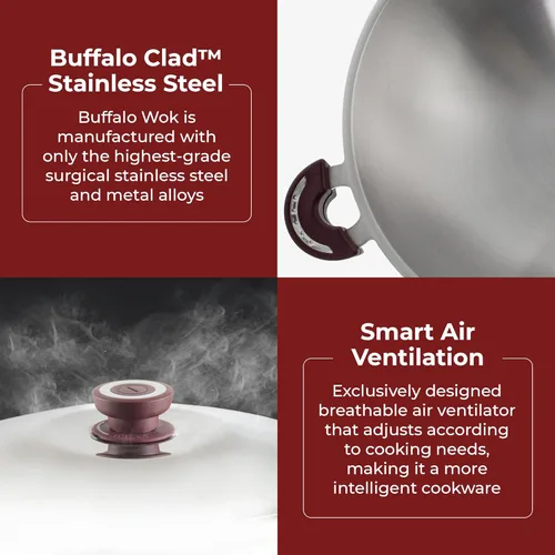 Miniatura 2 de BUFFALO Wok de acero inoxidable con tapa, parte inferior redonda de 15 pulgadas (15.0 in), sartén antiadherente de tres capas, olla de cocina
