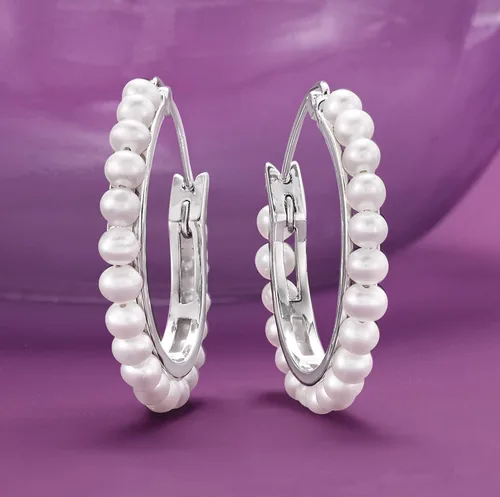 Miniatura 4 de Ross-Simons Aretes de aro de perlas cultivadas de 0.118-0.138in, Perla, no conocido