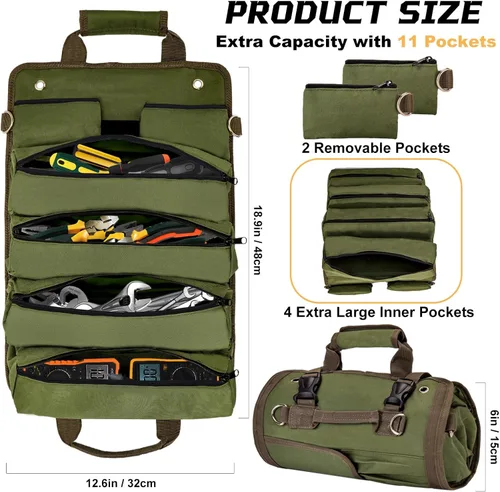 Miniatura 2 de Bolsa de herramientas enrollable, organizador de herramientas compacto y duradero con 4 bolsas, rollo de herramientas y 2 pequeñas bolsas con Verde