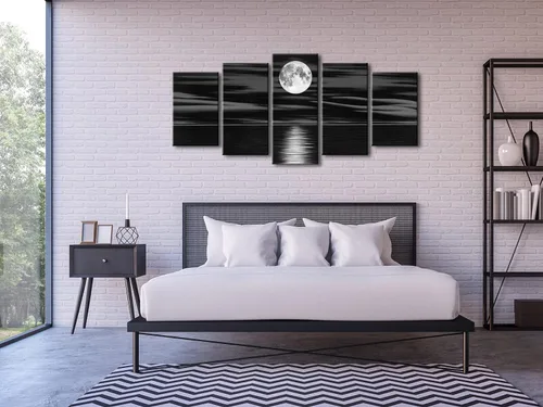 Miniatura 2 de Wieco Art Lienzo impreso con diseño de luna llena en la noche, diseño de playa en blanco y negro para sala de estar, dormitorio, cocina, decoración