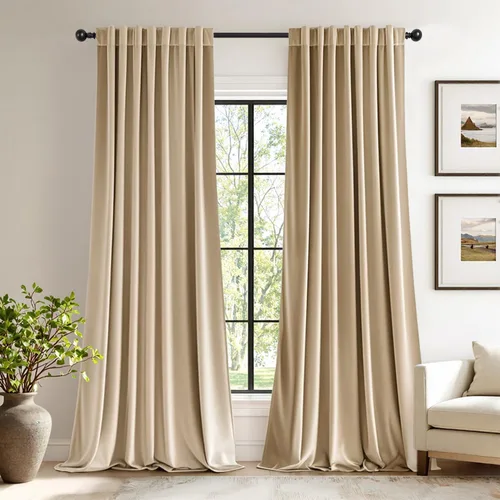 Miniatura 35 de EMEMA Juego de 2 paneles de cortinas de terciopelo de 63 pulgadas, con pestaña trasera y bolsillo para barra, cortinas con aislamiento térmico