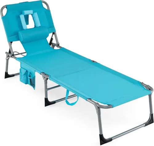 Miniatura 10 de COSTWAY Silla de salón plegable de playa, silla de bronceado con agujero para la cara, respaldo ajustable de 5 posiciones, almohada y bolsillo