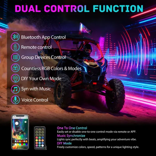 Miniatura 3 de Nilight Luz LED para látigo, 1 antena COB RGB de 2 pies con base de resorte, aplicación Bluetooth y control remoto, patrones de persecución