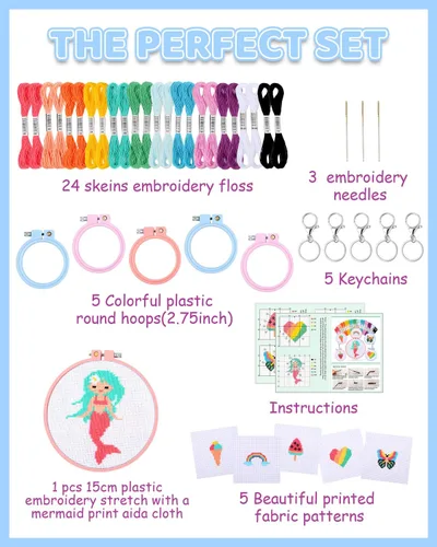 Miniatura 2 de Pllieay 6 kits de punto de cruz para principiantes para niños de 7 a 13 años, kit de bordado para niños, kit de punto de aguja, kit de manualidades