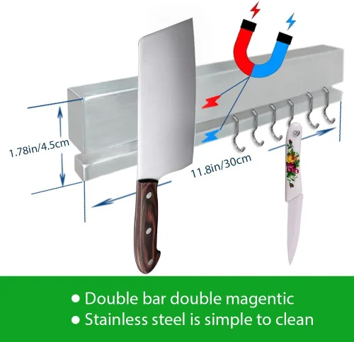 Miniatura 6 de YIIYIIN Portacuchillos magnético de doble cara de acero inoxidable 304 de 12 pulgadas para pared, con tira adhesiva, sin taladro, 6 ganchos Plata