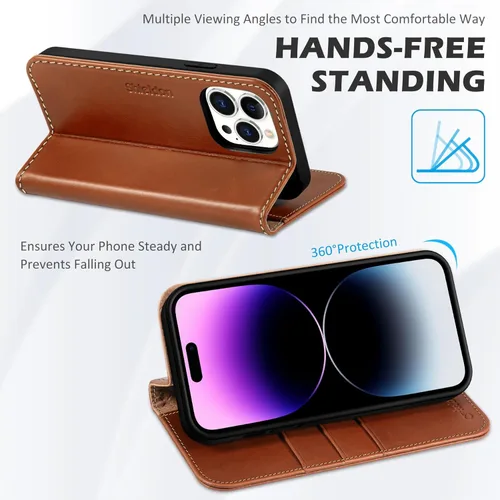 Miniatura 4 de SHIELDON Funda para iPhone 14 Pro Max 5G, funda de piel auténtica tipo cartera con función atril y bloqueo RFID, magnética, a prueba de golpes