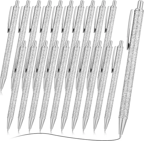 Leinuosen - 20 bolígrafos con purpurina, cómodos bolígrafos de metal retráctiles de tinta negra con punta media para suministros de oficina Plateado