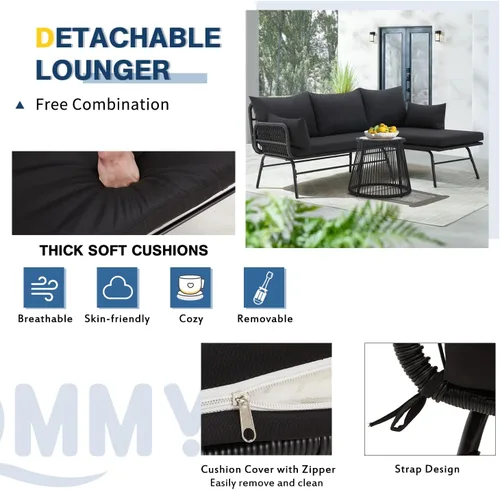 Miniatura 6 de EROMMY - Juego de 3 piezas de patio para conversar, juego seccional en forma de L de muebles de patio con sofá, cojines gruesos y mesa auxiliar