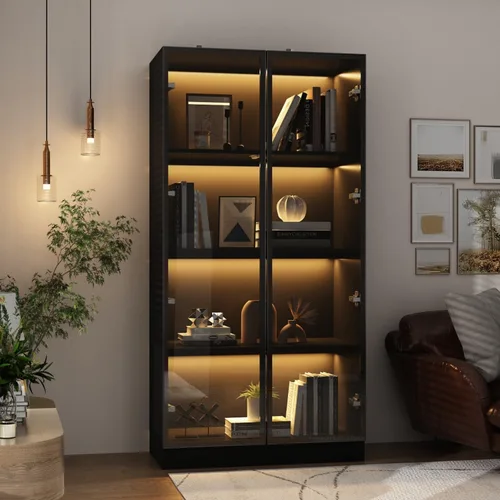 Miniatura 3 de Vitrina con luces, gabinete de vidrio con puertas y estantes de 4 niveles, vitrina para coleccionable, sala de estar, oficina, negro 31.5 pulgadas