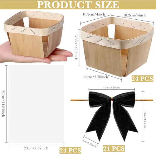Miniatura 2 de Kigley Juego de 24 cestas de regalo de madera con bolsas de celofán y lazos, kit de mini cestas de bayas vacías para recoger frutas, graduación