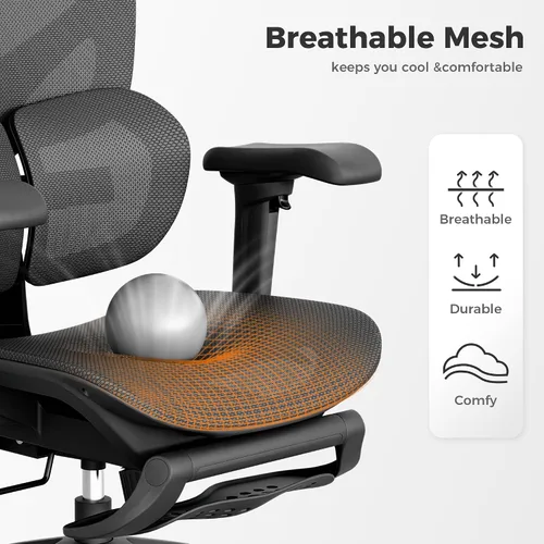 Miniatura 6 de OTO Zenpex Silla de oficina ergonómica de malla, profundidad de asiento ajustable de 1.96 pulgadas, soporte lumbar dinámico, reposapiés extensible