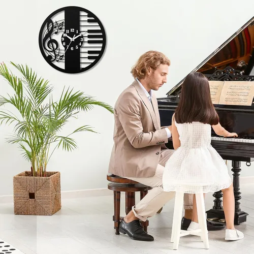 Miniatura 5 de Reloj de pared con temática musical de 12 pulgadas, diseño de teclas de piano y notas musicales, silencioso y funciona con pilas, perfecto para sala