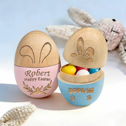 Huevo de Pascua personalizado con nombre grabado, huevo de madera de Pascua personalizado 2026 grabado con texto gratis para niño y niña Azul y rosa