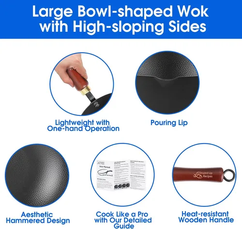 Miniatura 7 de Souped Up Recipes Wok de acero al carbono de 10 pulgadas para estufas eléctricas, de inducción y de gas (tapa y video de guía de usuario incluido)