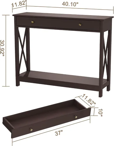 Miniatura 2 de Mesa de consola Treocho Espresso con cajón y estantes de almacenamiento, mesa de sofá estrecha para entrada, sala de estar, pasillo