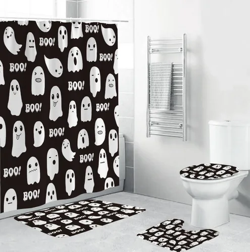 Miniatura 8 de Juego de 4 cortinas de ducha de Halloween, espeluznante cortina de ducha de gato negro con calabaza para decoración de baño de Halloween
