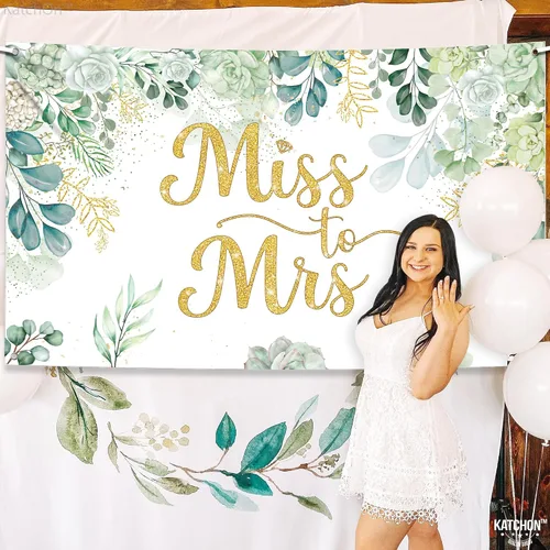 Miniatura 2 de KatchOn, Cartel verde de Miss to Mrs – XL, 72 x 44 pulgadas, telón de fondo de Miss to Mrs para decoraciones de despedida de soltera verde y dorado
