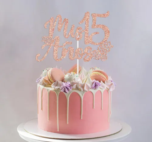 Miniatura 4 de Decoración para tartas Mis 15 años con purpurina de oro rosa, feliz 15 años, feliz 15 años, decoración de fiesta de cumpleaños con temática