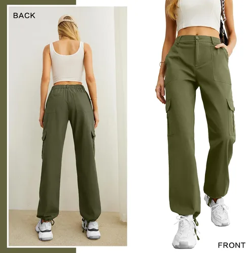 Miniatura 5 de Lepunuo Pantalones cargo de cintura alta para mujer, pantalones de viaje Y2K Streetwear holgados elásticos con 6 bolsillos con cordón en los tobillos