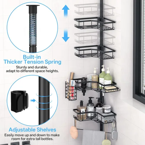 Miniatura 2 de DTUQYX Barra de tensión de esquina para regadera, estante organizador de baño ajustable de 43.5 a 120 pulgadas, estante de almacenamiento para baño