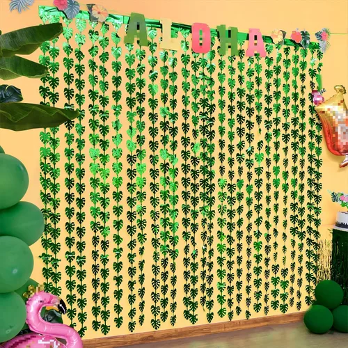 Miniatura 2 de Decoraciones tropicales para fiestas, paquete de 2 unidades de 3.3 x 6.6 pies, hojas de palmera tropicales verdes, cortina de flecos de hojas