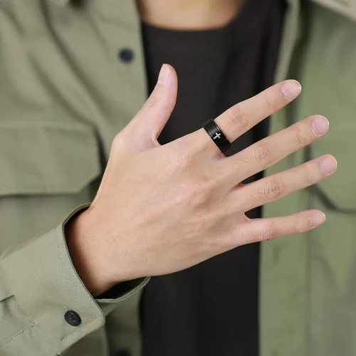 Miniatura 6 de Ropartman Anillo giratorio de acero inoxidable para hombres, anillos plateados y negros para la ansiedad, anillo de cruz de oración para aliviar