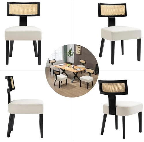 Miniatura 5 de ZJhome Juego de 4 sillas de comedor de ratán tapizadas de tela moderna de mediados de siglo con marco de madera dura negra, respaldo curvado, silla