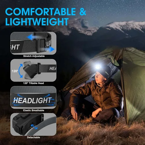 Miniatura 5 de Linterna frontal recargable 2 unidades, 8 LED, 2500 lúmenes, lámpara de cabeza ultraligera y brillante con sensor de movimiento, impermeable
