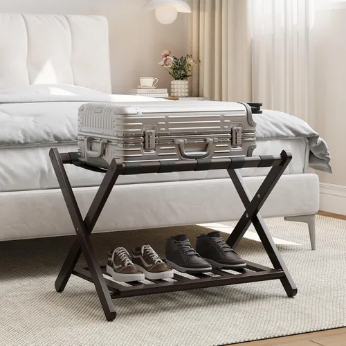 Miniatura 15 de Smart FENDEE Portaequipajes negro totalmente montado, soporte para maleta con estante para zapatos, soporte de equipaje plegable de madera