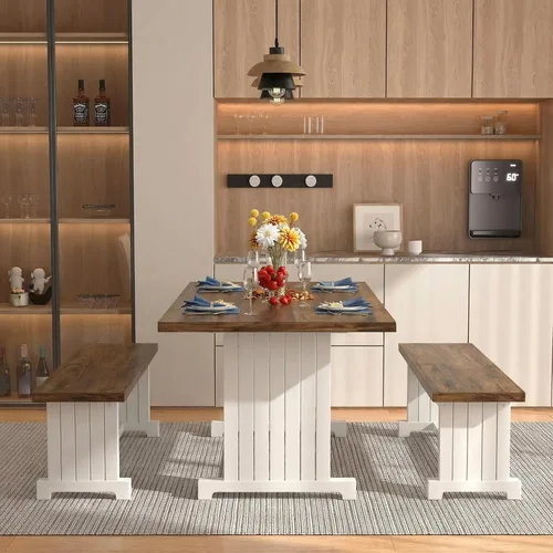 Miniatura 7 de Tribesigns Juego de mesa de comedor de 47 pulgadas para 4, mesa de cocina de 3 piezas con 2 bancos, muebles de cena de madera de granja