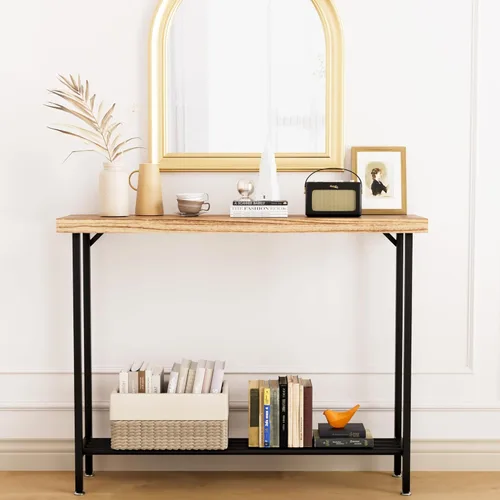 Miniatura 3 de Acovy Mesa consola industrial de madera maciza, mesa de entrada de 2 niveles con estantes de almacenamiento, mesa de sofá estrecha para sala