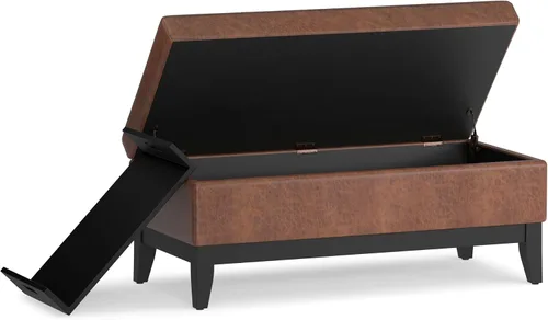 Miniatura 4 de SIMPLIHOME Oregon - Banco otomano de almacenamiento con bandeja, banco otomano rectangular de cuero vegano de 42 pulgadas de ancho, color marrón